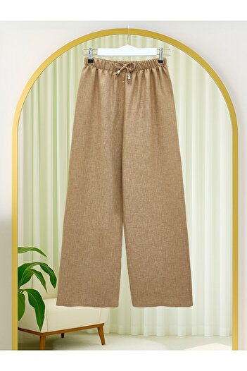 Modamorfo Wide Leg Sofia Linen Trousers with Elastic Waist and Lace Detail - Cinnamon