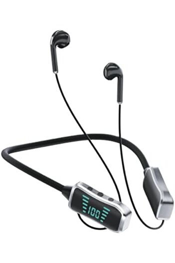 Generic Wireless Neckband Earphones with Digital Display, Bluetooth In-Ear Headphones, Black and Silver