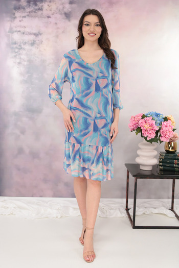Trend Land Rochie din tulle cu print abstract roz-bleu si volanas la tiv