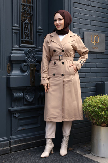 N.S NEVA STYLE Buckle Belted Biscuit Hijab Trench Coat 26412Bs