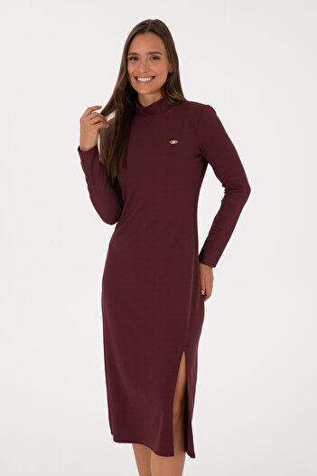 U.S. Polo Assn. Women's Burgundy Slit High Neck Midi Length Knitted Dress 50313549-Vr177