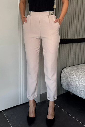 julude Stone Waist Elasticated Slim Fit Fabric Trousers with Text Detail