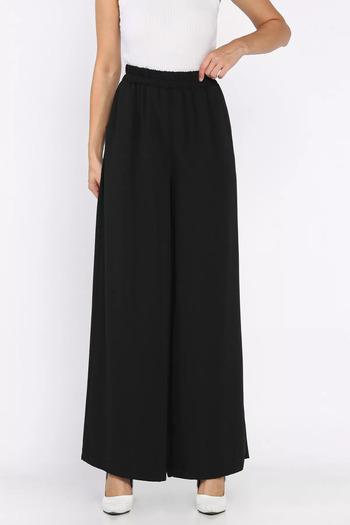 julude Black Women's Wide Leg Elastic Waist Fabric Trousers