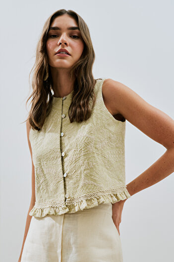 Manuka Textured Embroidered Vest Soft Green