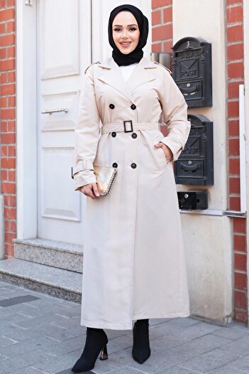 N.S NEVA STYLE Beige Hijab Trench Coat with Buckle Belt 26413Bej