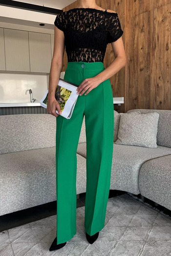 julude Green Women's Wide Leg Fabric Trousers
