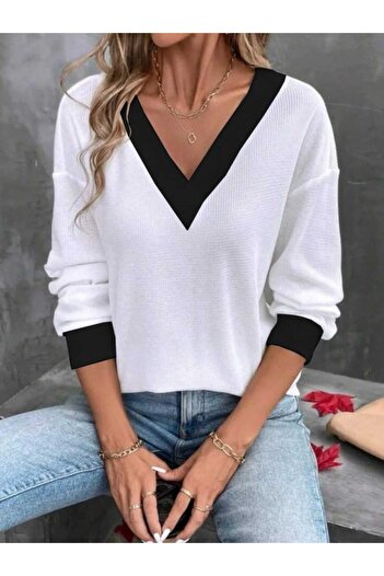 JANES Women's Long Sleeve V-Neck Waffle Blouse