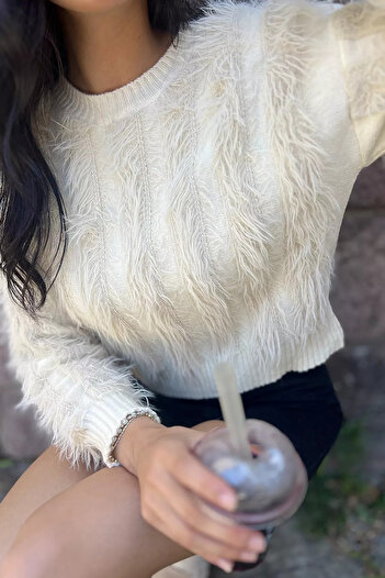 julude Cream Women's Bearded Knitwear Sweater