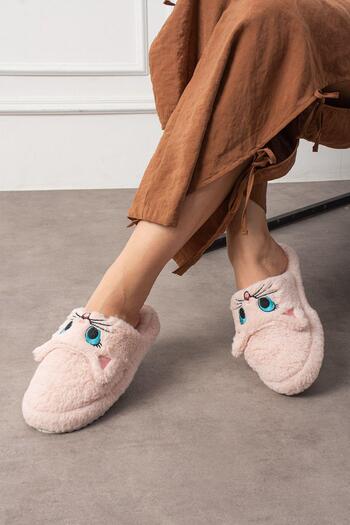 Oksit My Cat Embroidered Women's House Slippers Plush Slippers Dowry and Bundle Slippers Do Not Make Noise Thick Sole