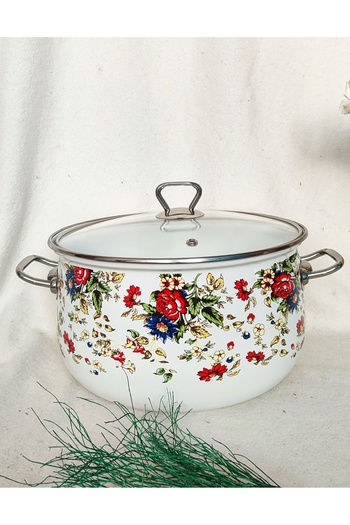EBRULİEMAYE Blue Flower Enamel Lux Pot 5 Liters 24 cm Diameter Milk Yogurt Soup Jam Pot