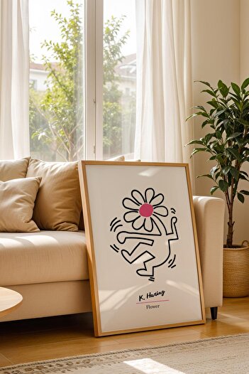 Saturn Keith Haring Flower Framed Painting - Dancing Flower - Eclectic Style Wall Decor