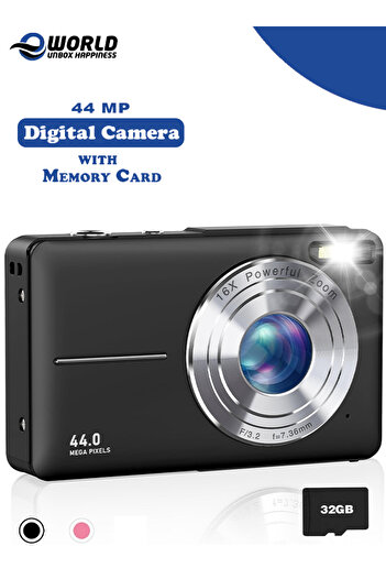 Eworld 44MP Digital Kids Camera with 32GB Card, 1080P Video, 16X Zoom & Anti-Shaker, Black