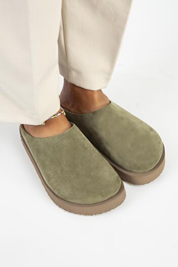 Manijero (Jana) Women's Genuine Leather Flat Platform Khaki Slippers