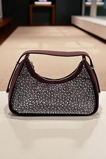 HFKY Women's Burgundy Two-Way Stone Handbag and Shoulder Bag. Ry322