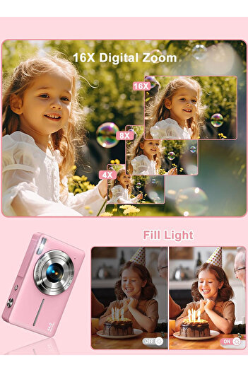 Eworld 44MP Digital Kids Camera with 32GB Card, 1080P Video, 16X Zoom & Anti-Shaker, Pink