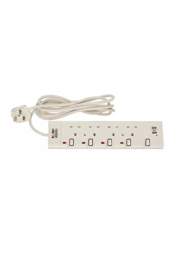 Koolen 4 Ways Power Extension Sockets, 3 m, 2 USB Ports, White.