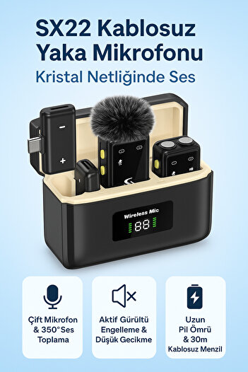 Coverzone Kablosuz Yaka Mikrofonu BT 5.2, Çift Mikrofon, 2.4GHz, 360° Ses Toplama, Şarj Kutulu SX22