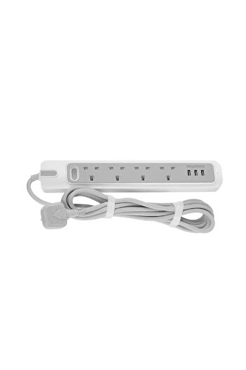 RAFEED Electric Power Extension 4 Sockets 3m with 3 USB-A White/Grey