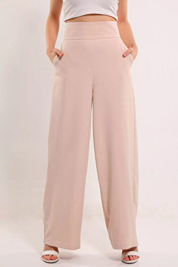 julude Beige Women's High Waist Wide Leg Trousers