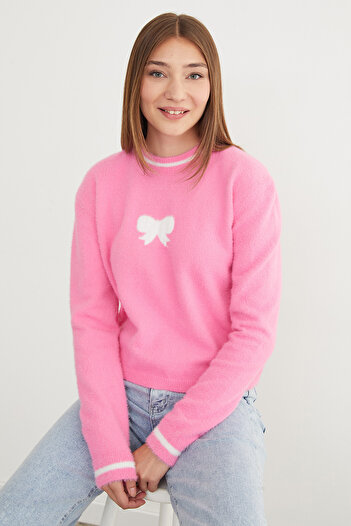 Fulla Moda Ribbon Patterned Crew Neck Bearded Sweater