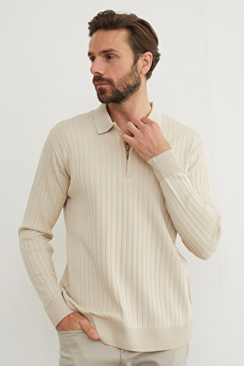 Fulla Moda Ribbed Half-Zip Polo Neck Knit Sweater