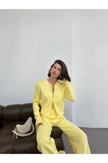 Lamierra Zippered Polo Neck Cardigan Women's Knitwear 2-Piece Top and Bottom