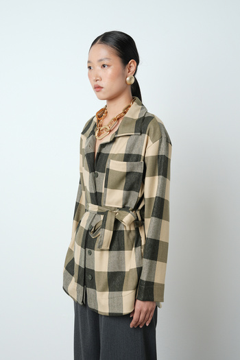 Orfeo Negro Women's Plaid Patterned Single Pocket Belted Hijab Shirt-Jacket