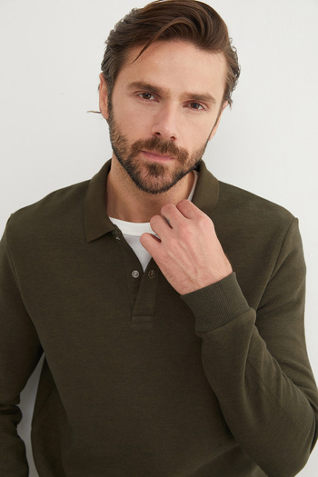Fulla Moda Ribbed Polo Neck Buttoned Sweatshirt
