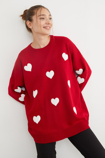Fulla Moda Heart Embroidered Oversize Knitwear Sweater