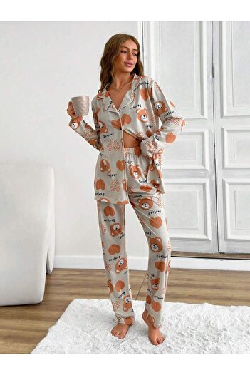 GAZANİGA Women's Nightgown Patterned Lycra Pajama Shirt Set Bonjour