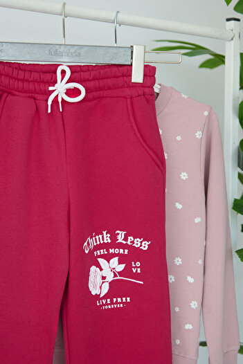 Fulla Moda Girls' Sweatpants with Rose and Text Print and Elastic Waist