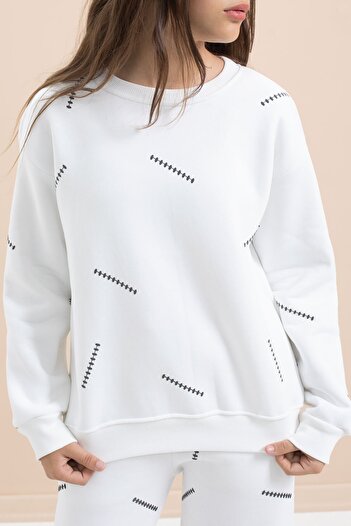 Cansın Mini White Girl's Patterned 3 Thread Ribbed Wide Leg Tracksuit Set 22644