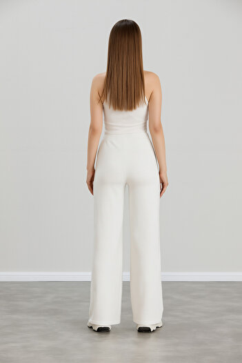OLİZZA Women's White Modal Wide Leg Striped High Waist Elastic Waist Soft Textured Lycra Trousers
