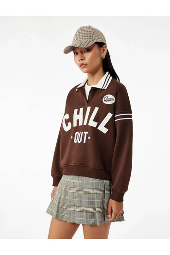 Koton Printed Oversize Polo Neck Brown Women's Sweatshirt 6Wal10260Ik
