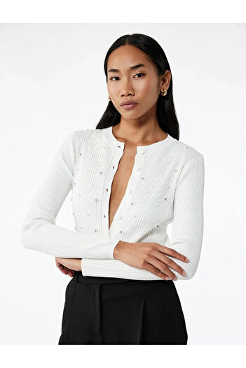 Koton Buttoned Stone Knitwear Ecru Women's Cardigan 6Wak90305Ht