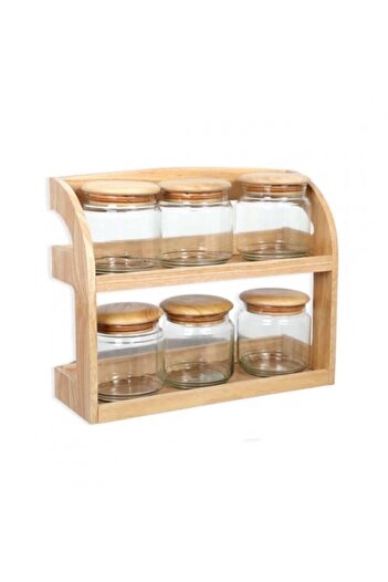 Home Spice Jars Set Glass with Wooden Stand (6 pcs)