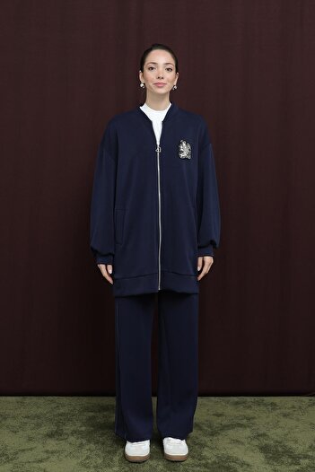 Puane Women's Embroidery Detailed Embroidered Suit - 14305Tks - Navy Blue