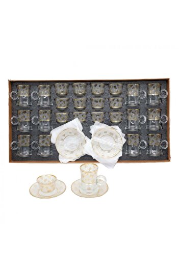Generic Tea Cup and Coffee Mug Set with Saucers, 36 Pieces, Transparent with Golden Design