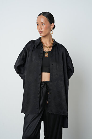 Orfeo Negro Women's Black Color Floral Pattern Oversize Long Hijab Shirt