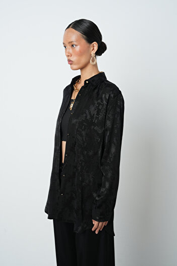 Orfeo Negro Women's Black Color Mixed Pattern Oversize Shirt