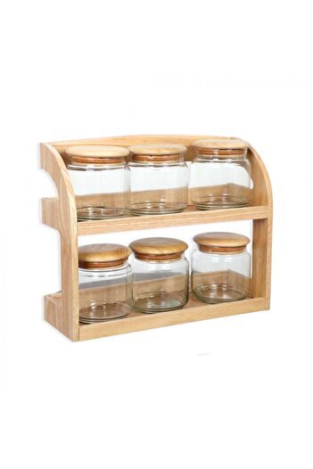 Home Spice Jars Set Glass with Wooden Stand (6 pcs)