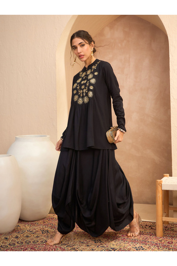 Sassafras By Styli Black Embroidered Peplum Top and Dhoti Skirt Set