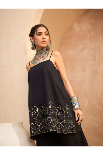 Sassafras By Styli Black Embroidered Strappy Kurta and Palazzo Pants Set