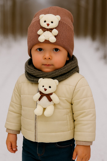 GONCA ŞAPKA Children's Winter Beanie with Plush Teddy Bear