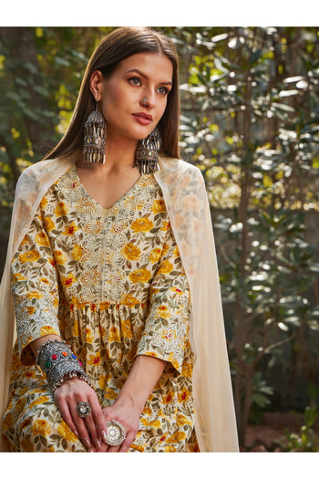 Sassafras By Styli Yellow Floral Gathered Kurta with Pencil Pants and Dupatta Set