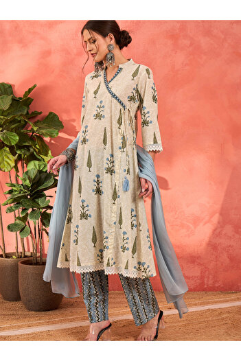 Sassafras By Styli White Floral Wrap Kurta with Pencil Pants and Dupatta Set