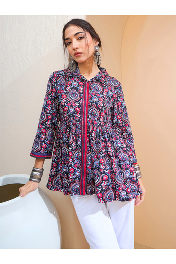 Sassafras By Styli Black Floral Front Placket Collar Kurti