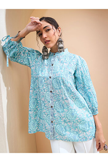 Sassafras By Styli Blue Floral Sleeve Knot Buttoned Kurti