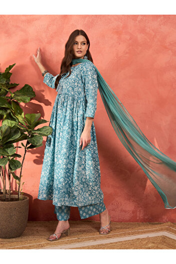 Sassafras By Styli Blue Floral Front Dori Gathered Kurta with Pencil Pants and Dupatta Set