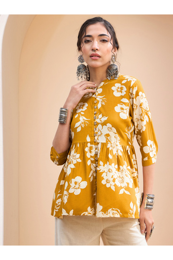 Sassafras By Styli Mustard Floral Front Button Gathered Kurti